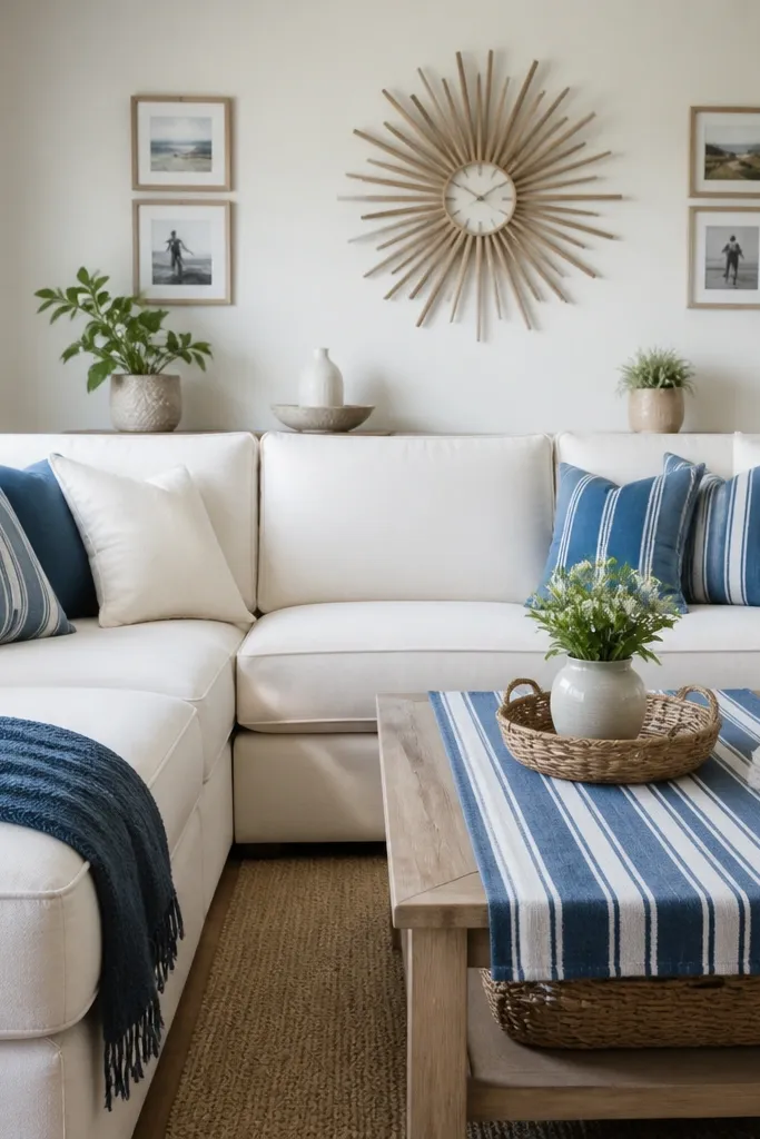 A white L shape sofa with blue striped cushions. A blue striped table runner sits on the coffee table. A sunburst wall clock and small framed photos appear on the wall.