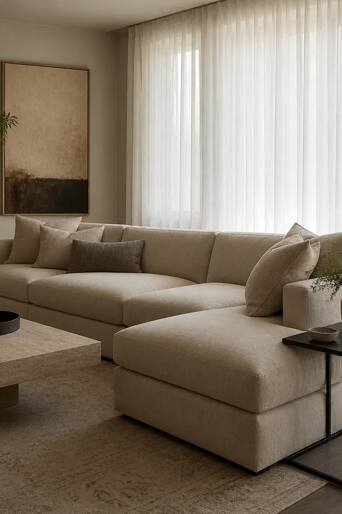 A sand beige L shape sofa with a black iron side table beside the chaise. Sheer white curtains hang behind the sofa, and the rug is a muted beige with a subtle pattern. One black tray sits on the coffee table.