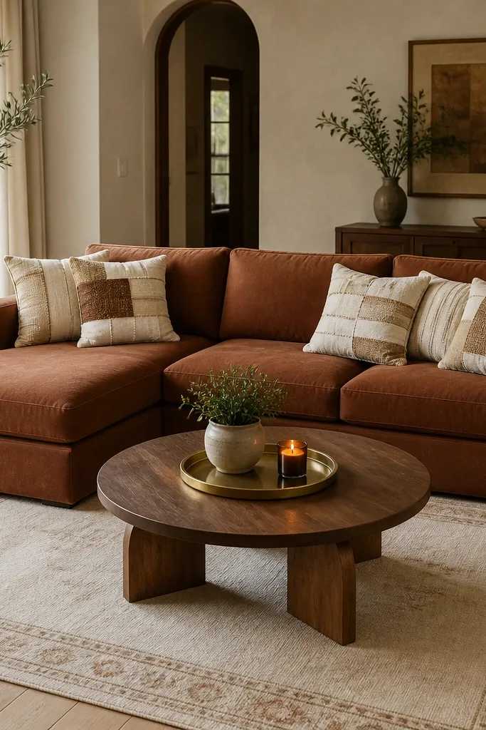 A rust brown L shape sofa with cream patchwork cushion covers. The coffee table has a brass tray with a small planter and a candle. The rug is warm cream with a light border pattern.