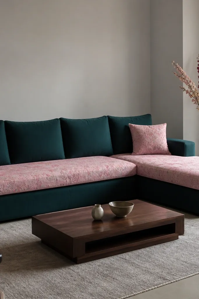 A deep teal L shape sofa. Pink cushion covers with subtle rose prints sit on the seat. A light grey rug lies under the coffee table area. The wall has pale grey paint and a tall floor vase stands near the corner.