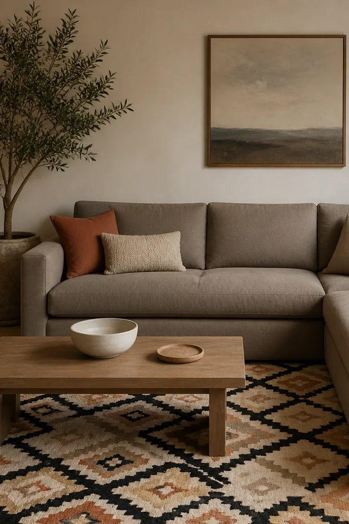 A taupe L shape sofa with only a few cushions. The rug has a Moroccan tile pattern in beige, black, and terracotta. The coffee table is simple with a white ceramic bowl and a wooden coaster.