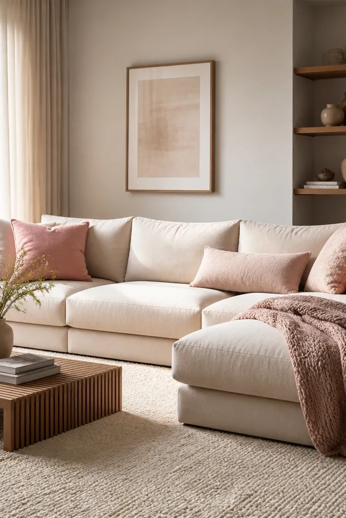 A cream L shape sofa with blush pink cushions and a knit throw. The coffee table is low and wooden with a slatted design. The rug is off-white with a subtle texture.