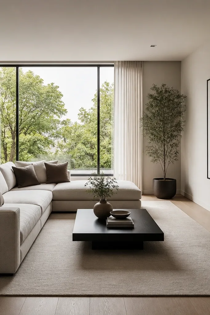 A modern minimalist living room with an L shape sofa where the chaise faces a large window. A light beige rug extends under the front legs and continues beyond the sofa edge. A low black coffee table sits centered in the open side of the L. A single tall plant and one large framed print balance the room opposite.