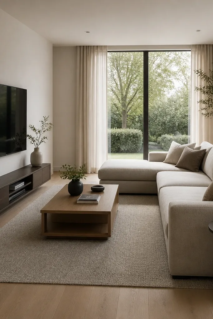 An L shape sofa modern minimalist setup facing a TV on a light wall. The sofa's short leg points toward the TV wall, while the chaise runs to the side. A rectangular rug anchors the seating area. A slim media console sits under the TV, and a low oak coffee table sits centered.