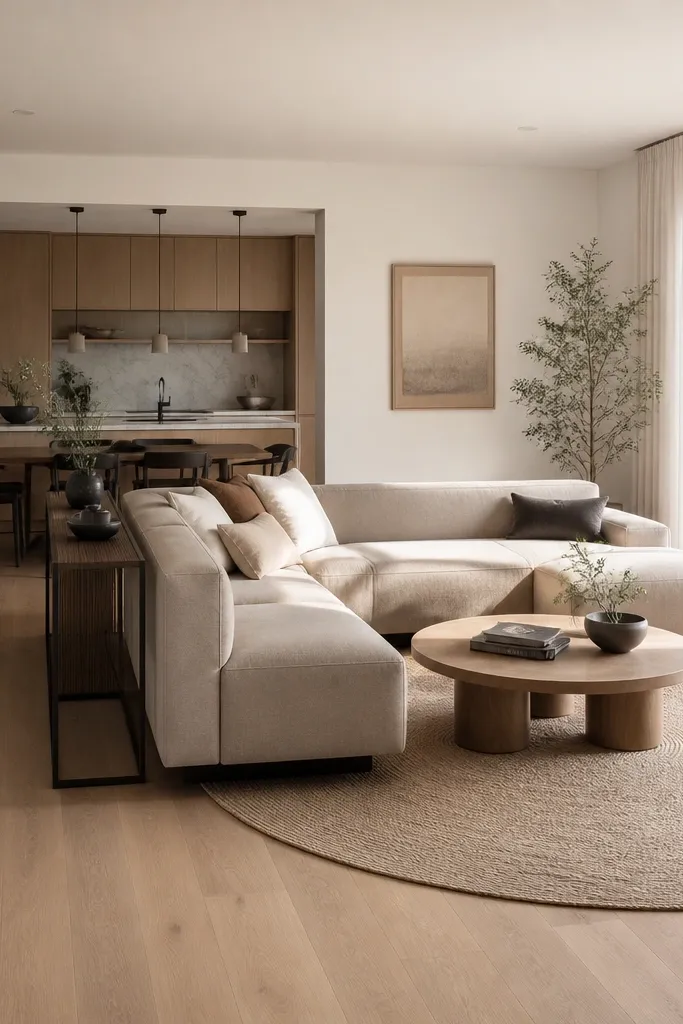 A living room with an open-plan feel. The L shape sofa is placed perpendicular to the back wall, creating a divider line. A tall thin console or screen stands behind the sofa's short leg side. A round rug sits under a coffee table in the center of the open L area.