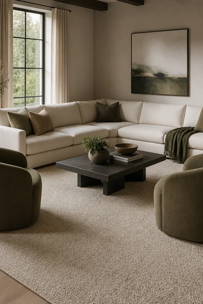 An L shape sofa tucked into a corner. Two accent chairs face each other across a low coffee table, forming a second seating cluster. A large geometric-free rug covers most of the seating area. A floor lamp stands near one chair.