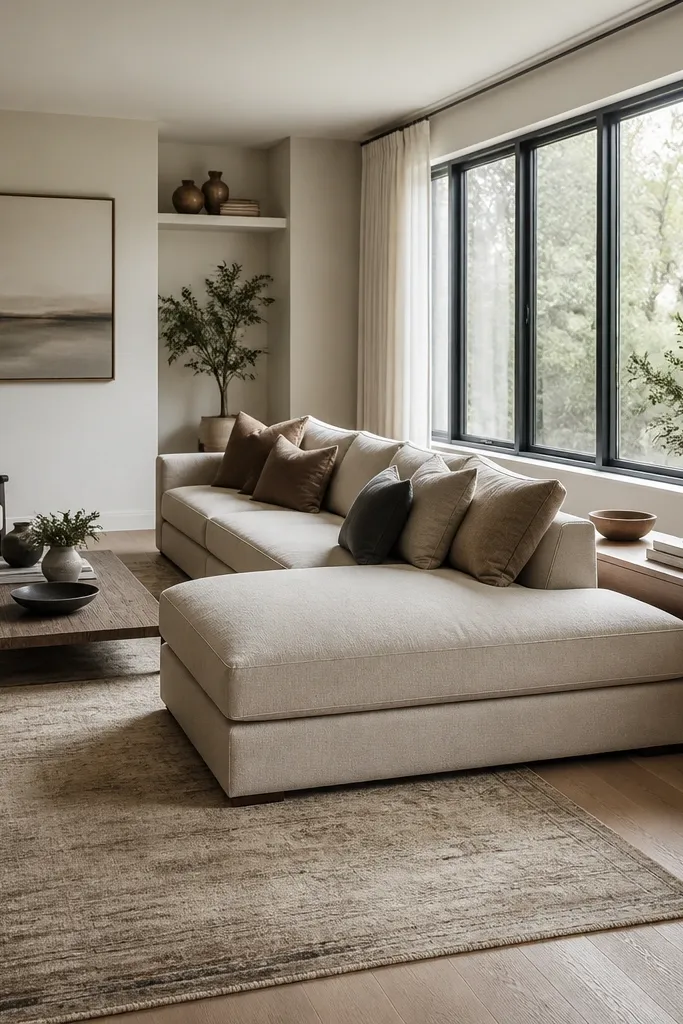 An L shape sofa placed parallel to a window wall. The chaise extends toward the middle of the room. A long, low console table sits behind the chaise against the window wall. A narrow rectangular rug runs lengthwise toward the coffee table.