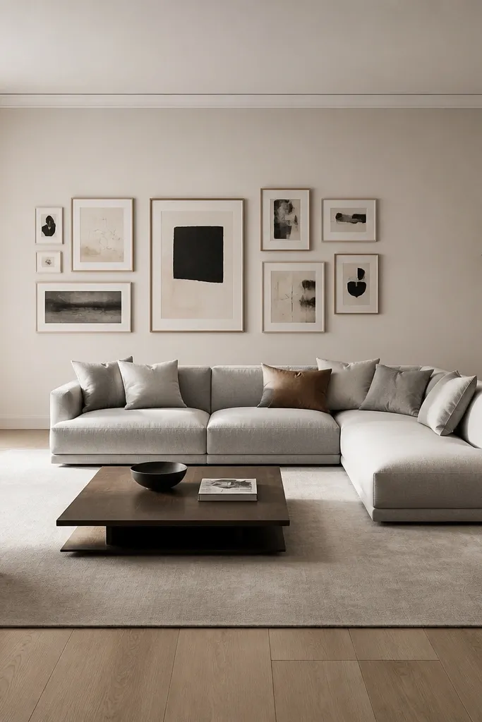 A modern minimalist living room with the L shape sofa floating mid-room facing a gallery wall of framed art. The coffee table is centered in the open side of the L. A large rug supports the sofa and table. A slim floor lamp stands to the left.