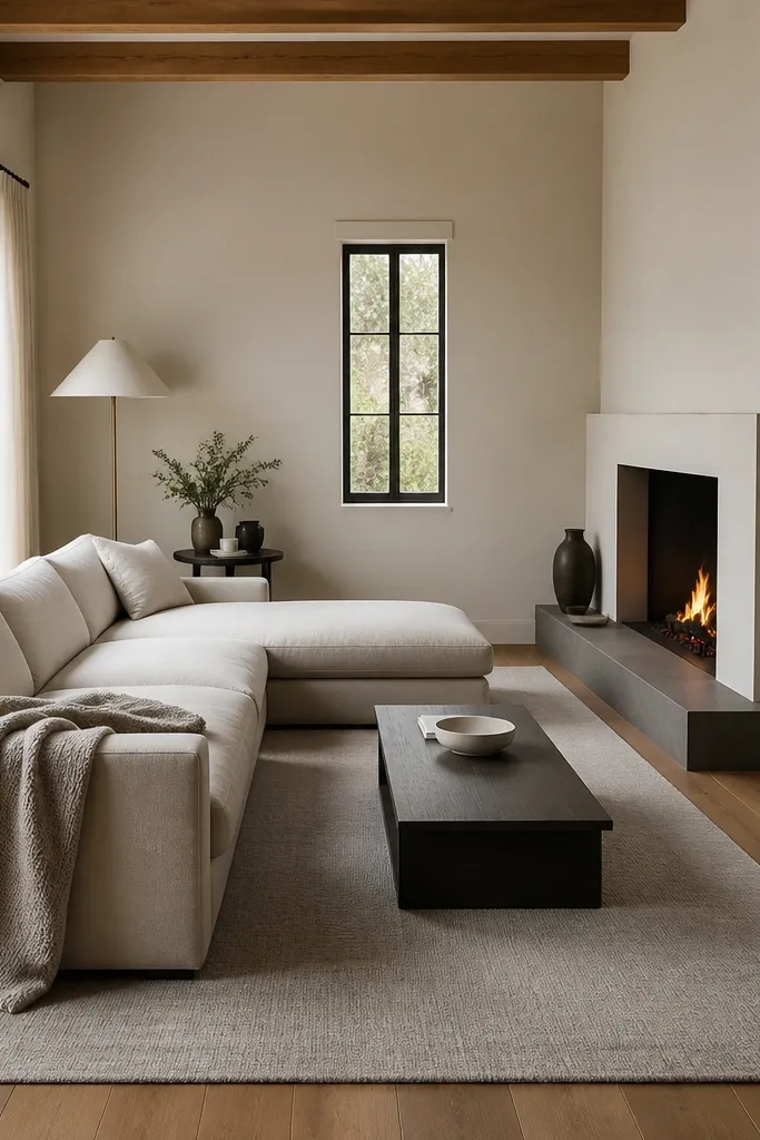 An L shape sofa angled toward a fireplace. The chaise side creates a reading nook near a small side table and a tall lamp. A light gray rug covers the seating area. Minimal decor includes one textured throw and one large mirror near the opposite wall.