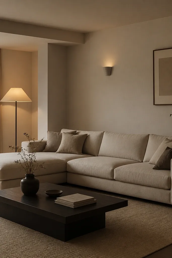 An L shape sofa placed so the chaise sits under a ceiling beam or pendant line. The room has warm minimal lighting: a floor lamp and a wall sconce. A dark coffee table contrasts with a light rug. Minimal wall art is placed high.