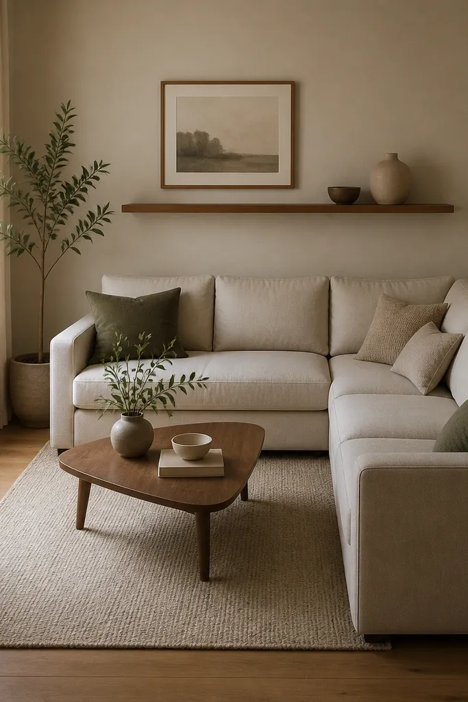 A smaller living room layout. The L shape sofa hugs the wall, and a corner coffee table sits inside the open L space. A compact rug extends under the sofa and table. A slim wall shelf replaces bulky side tables.