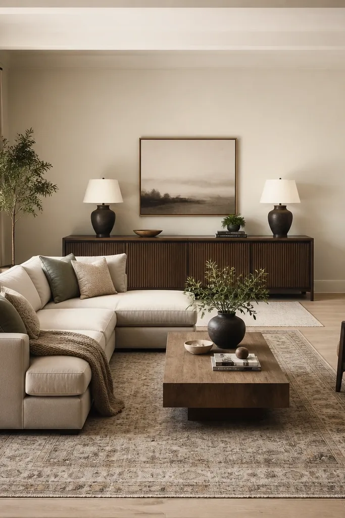 A long rectangular rug runs under the L shape sofa and coffee table. The sofa is centered relative to a long console on the opposite wall. Two matching table lamps sit on either side of the console. Minimal framed art hangs above the console.