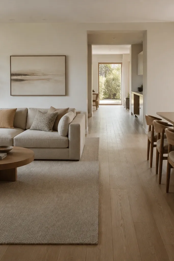 An open-plan layout. The L shape sofa sits perpendicular to a dining table. A clear crossing path runs between the sofa and dining chairs. A large rug defines the living zone, and a low coffee table sits in the open L space.