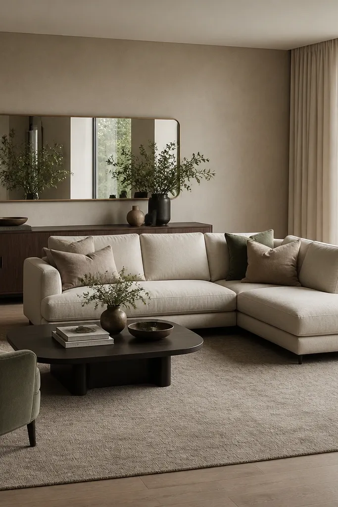 An L shape sofa placed slightly offset from the center of a wall with a long sideboard behind it. The coffee table sits in front of the open L area. A long mirror hangs above the sideboard. The rug covers most of the seating zone.