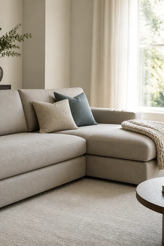 A light warm-gray l shape sofa with a chaise facing a bright window. A cream rug sits under the front sofa legs. Two square throw pillows in oatmeal and dusty blue sit on the long side, with a chunky knit throw folded at the chaise end.