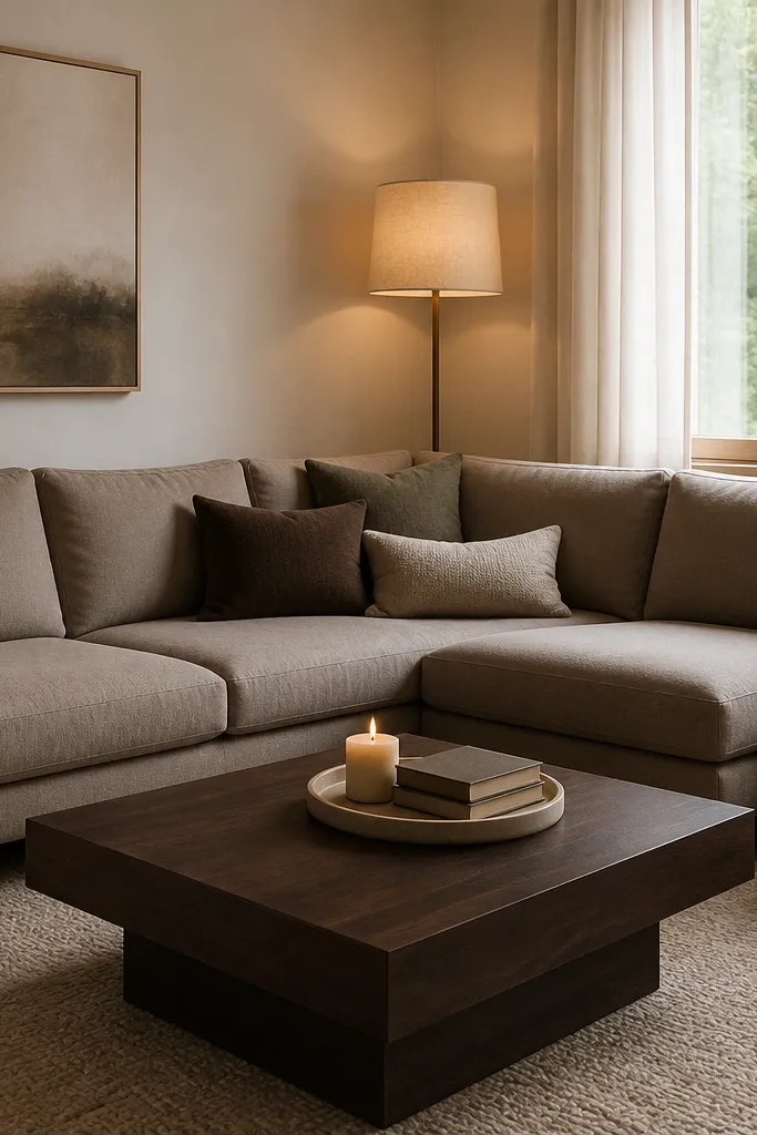 A taupe l shape sofa in a small living room. A dark walnut coffee table sits centered on a beige rug. A floor lamp with a fabric shade glows near the sofa's corner, with a small tray on the table holding a candle and two books.