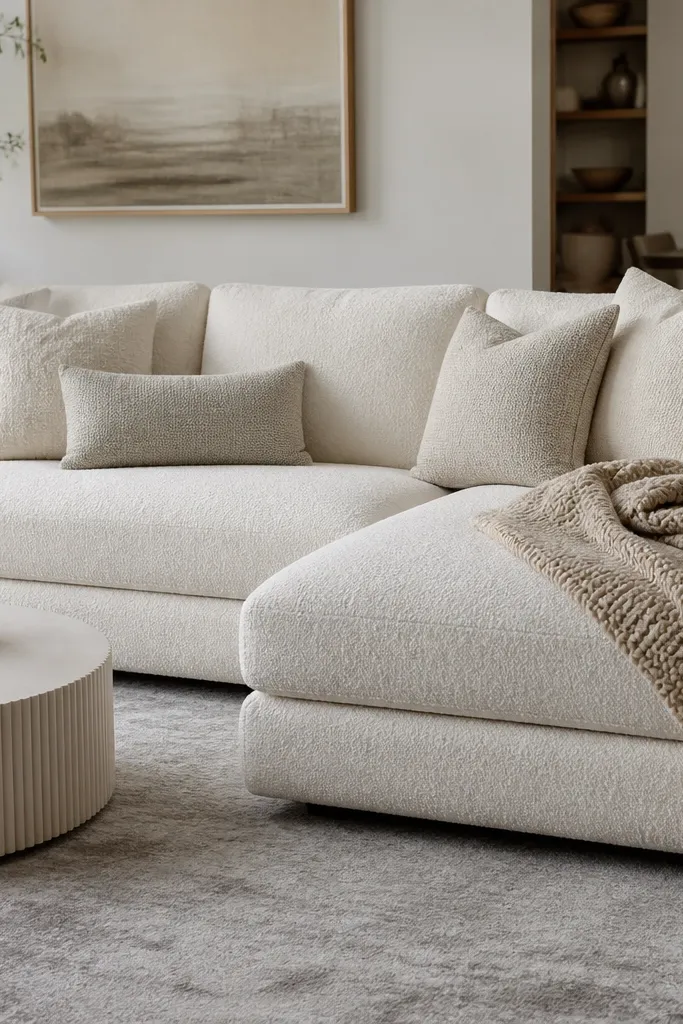 A white-beige boucle l shape sofa. Four pillows in cream, oat, and light sand are arranged in a mix of square and lumbar shapes. A textured throw blanket in chunky knit drapes over the chaise arm, with a soft gray rug underneath.