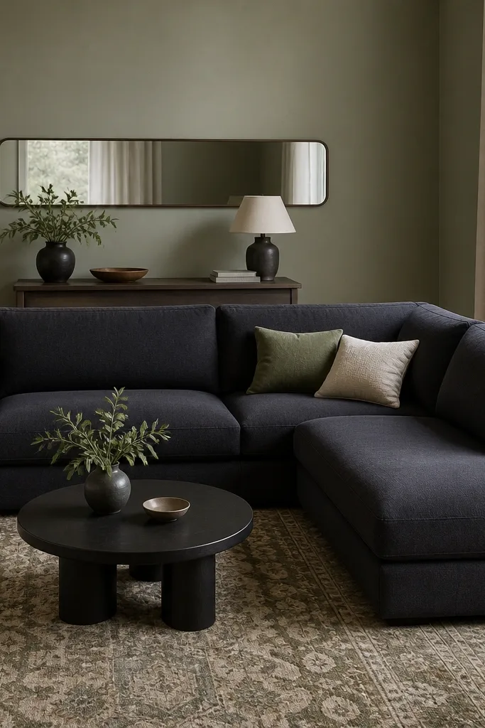 A charcoal l shape sofa facing a sage-green wall. A small round coffee table sits on a patterned rug in muted beige and olive. Two pillows are sage and cream, with a long narrow wall mirror above a console behind the sofa.