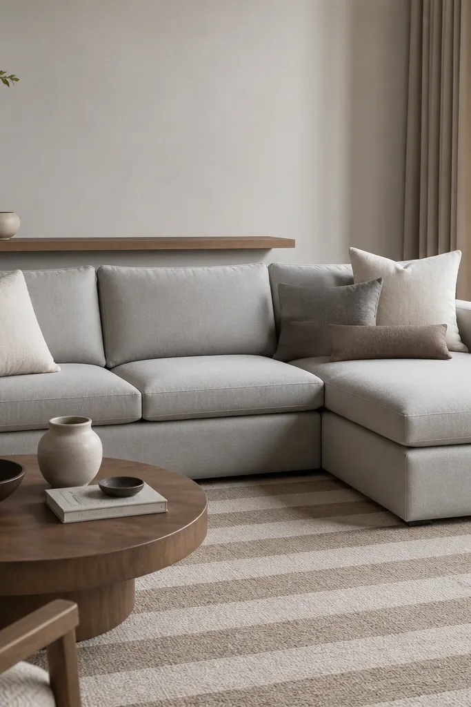 An ivory and tan striped rug under a light gray l shape sofa. The pillows are solid - two in oatmeal, one in soft gray, and one small lumbar in taupe. A narrow shelf behind the sofa holds a couple of ceramic pieces.