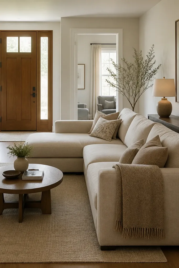 An l shape sofa placed so the long side faces the entry door. Behind the sofa's back is a narrow console cabinet with a lamp and two framed photos. A small round coffee table sits on a light rug, with a single throw draped over one arm.