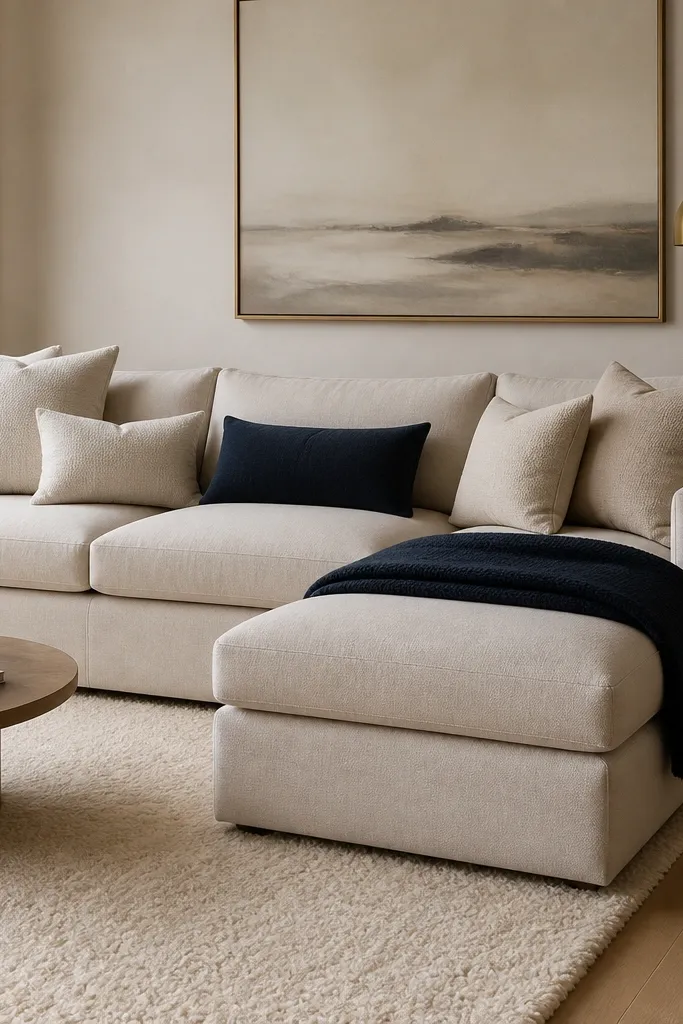 A cream linen-textured l shape sofa. Pillows are cream and light beige, with one navy lumbar pillow. A navy throw blanket is folded on the chaise end. A warm white rug and a brass floor lamp brighten the corner.