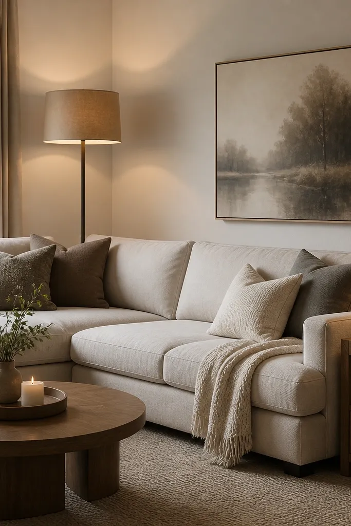 A small living room with an l shape sofa. One tall floor lamp with a taupe shade stands near the sofa corner, and a compact table lamp sits on a side table. The coffee table has a small tray with a candle, and the pillows are in warm gray and cream.