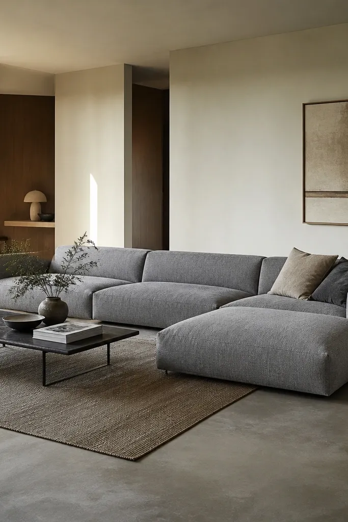 A low, wide l shape sofa in medium gray. The back cushions are shallow, and the chaise sits close to the floor. A thin-legged coffee table and a flat-weave rug keep the visual height low.