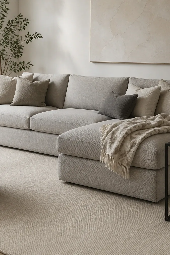 A solid light gray l shape sofa with mostly neutral pillows. One throw blanket has a muted geometric pattern in taupe and warm white, draped across the chaise arm. A plain cream rug and simple black metal side table sit nearby.