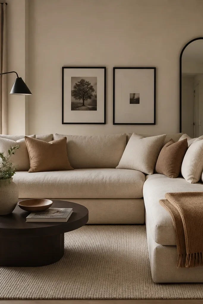 A warm beige l shape sofa with an oatmeal rug. There's a soft black metal floor lamp, black picture frames, and a black-framed mirror behind the sofa corner. Cushions are cream and tan, with a caramel throw folded on the chaise.