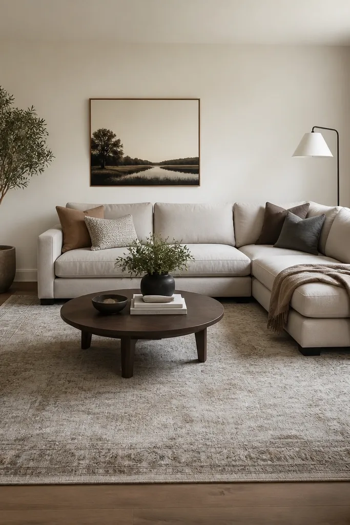 A small living room with an l shape sofa. The rug is clearly larger than the sofa footprint, extending under the front legs and beyond the sides. The coffee table sits centered on the rug with enough space to walk around it.