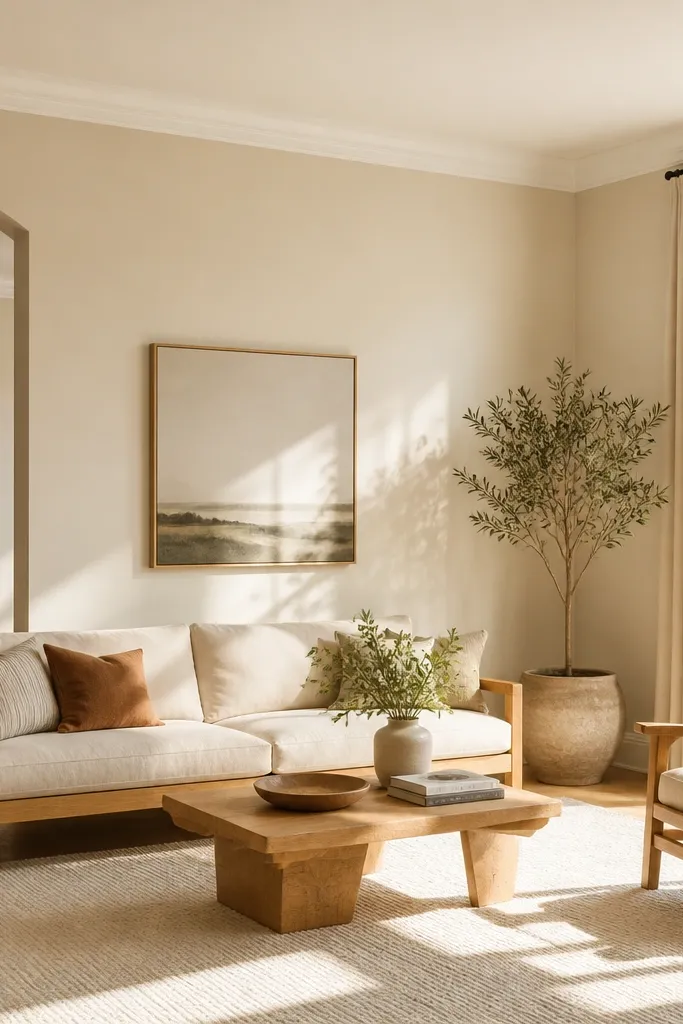 A wide living room showing buttercream painted walls, crisp white crown molding and baseboards, a light oak sofa, and a cream wool rug. The ceiling looks slightly lighter than the walls, and sunlight makes the walls glow.
