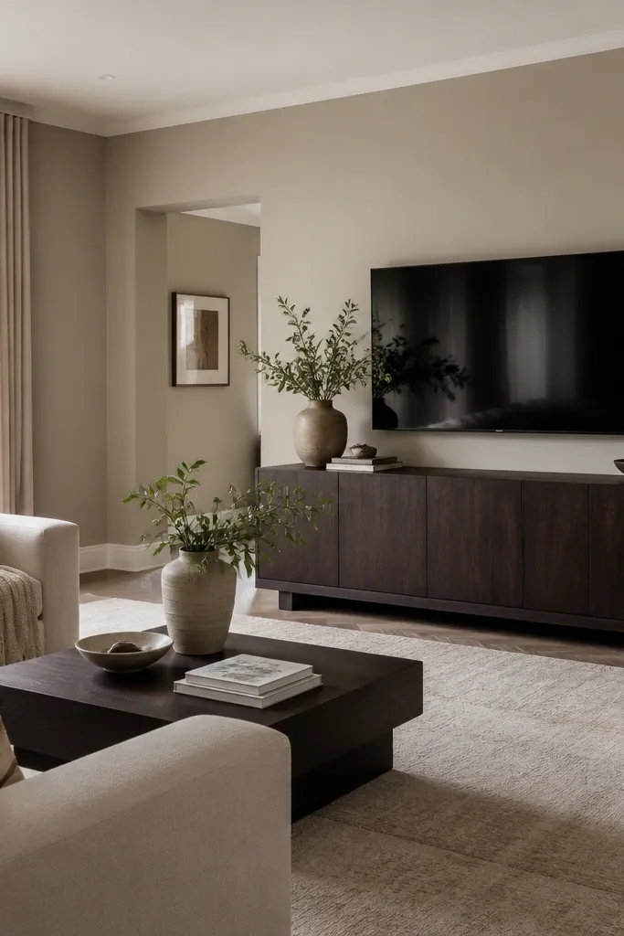 A spacious living room with warm greige walls, a soft white ceiling, and white baseboards. A dark wood media console sits against the wall, and neutral curtains hang from ceiling height.