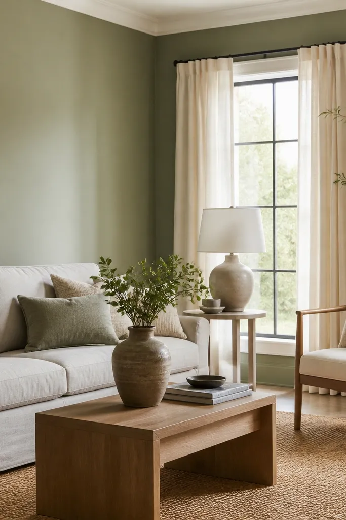 A bright living room with muted sage green walls, off-white linen curtains, and a light gray sofa. A woven jute rug and a ceramic lamp add texture.