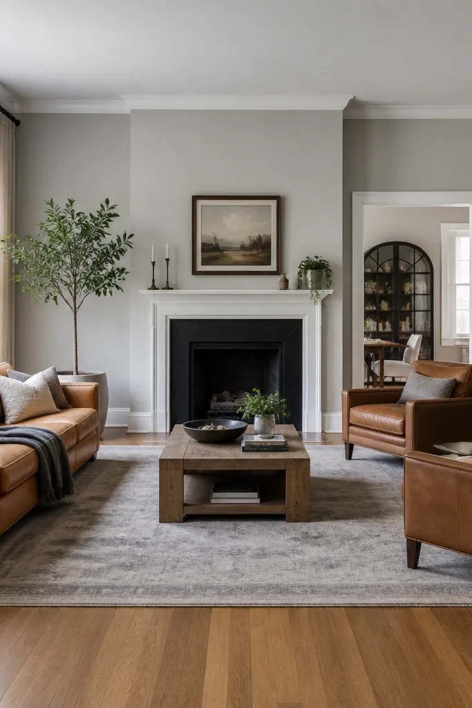 A large living room with cool light gray walls, warm oak floors, and caramel leather cushions. The ceiling is painted a slightly lighter gray, and the trim is crisp white.