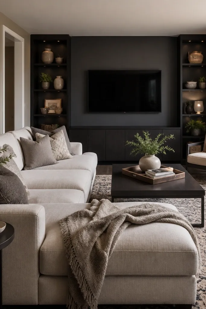 A living room with soft taupe walls and a charcoal painted wall behind a TV. Dark shelves, a beige sectional, and a patterned rug create contrast.