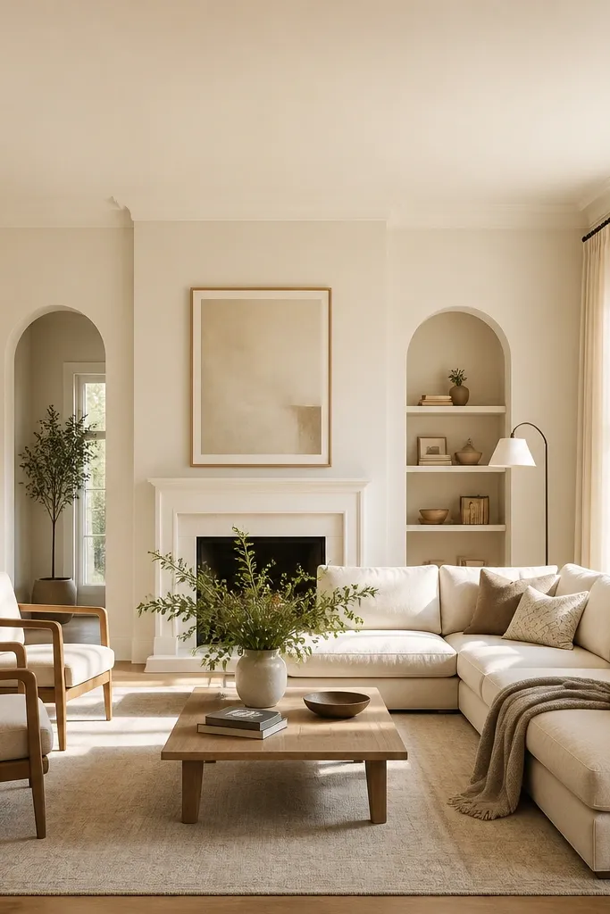 A spacious living room with creamy off-white walls, warm white trim, and a light beige sofa. The ceiling matches the walls closely, and the room feels airy.