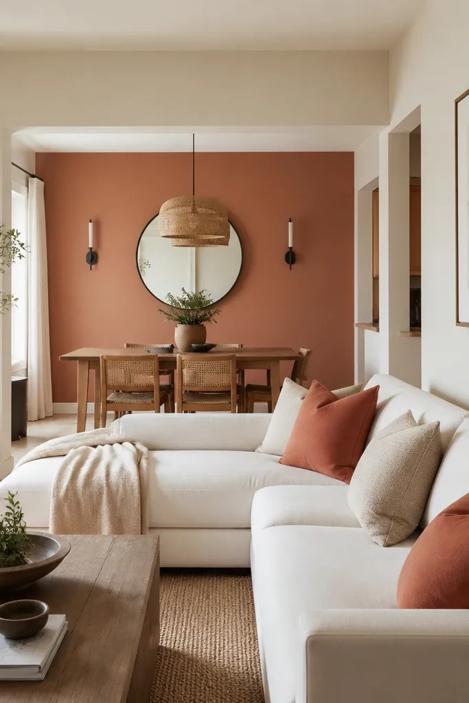 A living room with neutral light walls and one terracotta blush accent wall behind a dining-living transition. A white sofa and terracotta throw pillows echo the wall color.