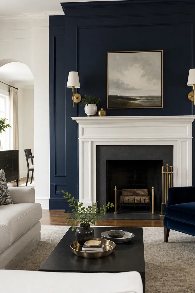 A large living room with a deep navy wall behind a fireplace. White mantel trim, brass sconces, a navy velvet chair, and light neutral walls surround the fireplace.