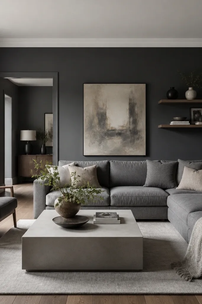 A modern living room with charcoal gray walls, a gray sectional with subtle texture, and a light concrete coffee table. White ceiling and light trim keep the room from feeling dark.