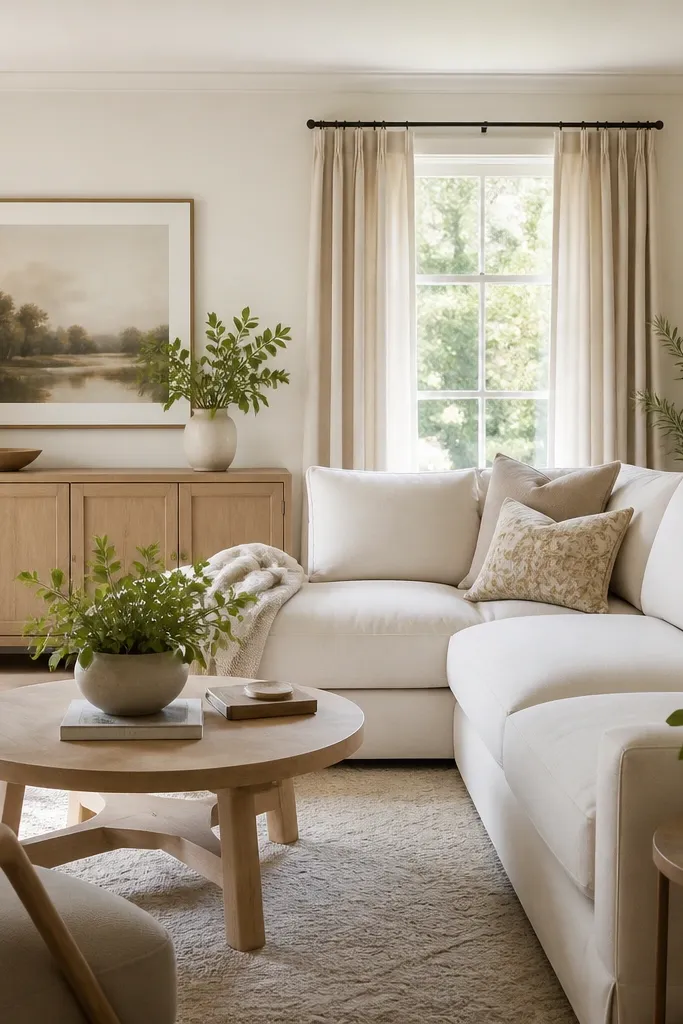 A bright living room with warm white walls, oatmeal-colored curtains, and a light wood console. The room feels soft and inviting with low-contrast trim.