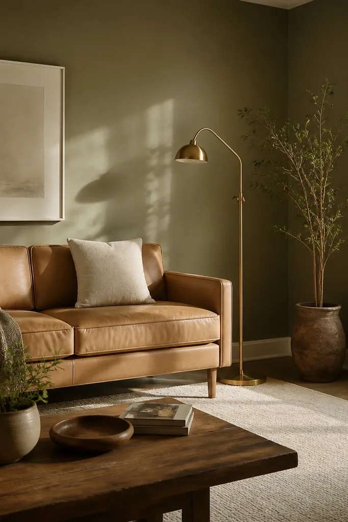 A living room with olive green walls, a tan leather sofa, brass floor lamp, and an off-white rug. The sunlight makes the olive look muted and earthy.