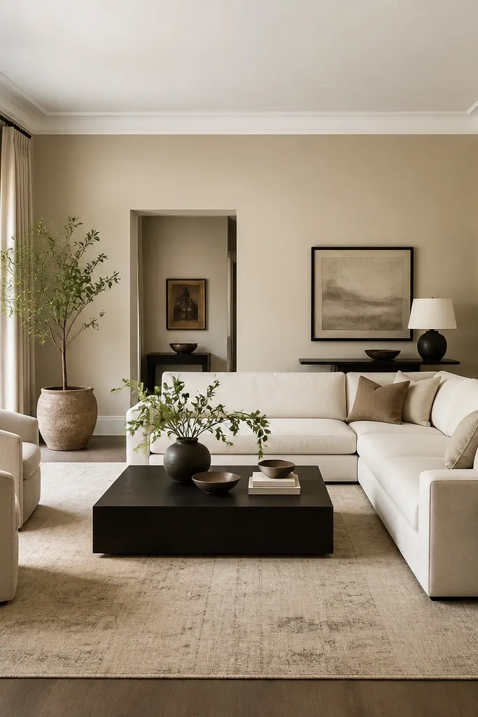 A large living room with light sand beige walls, black picture frames, and a white ceiling. The sofa is cream, and the rug has a subtle beige pattern.