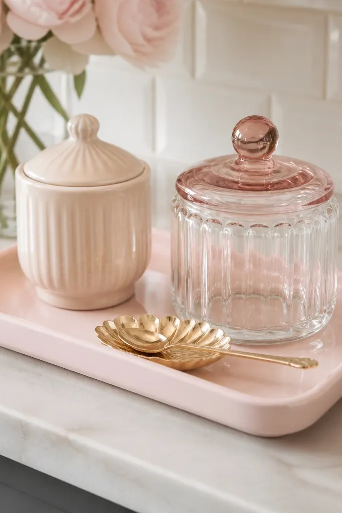 A glossy light pink rectangular tray sitting on a small kitchen counter. On top: a pale blush ceramic sugar jar, a clear glass jar with pink-tinted lid, and a small gold spoon rest.