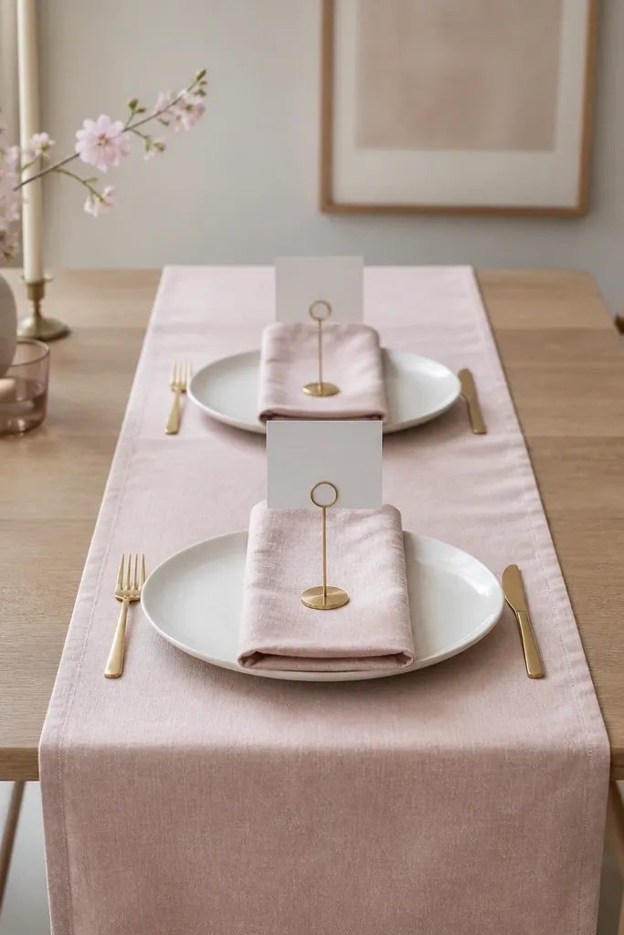 A light pink linen runner centered on a small dining table. Two white plates sit on it with blush napkins folded vertically and a slim gold place card holder.