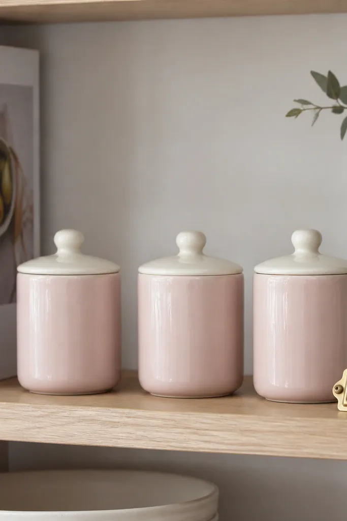 Three small light pink ceramic canisters with matching bodies and lids in a soft cream color. They sit on a shelf with a white cookbook and a tiny gold label tag.