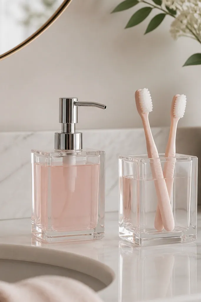 A countertop sink area with a clear acrylic soap dispenser filled with pale pink soap. Next to it: a matching acrylic toothbrush holder with two light pink brushes.