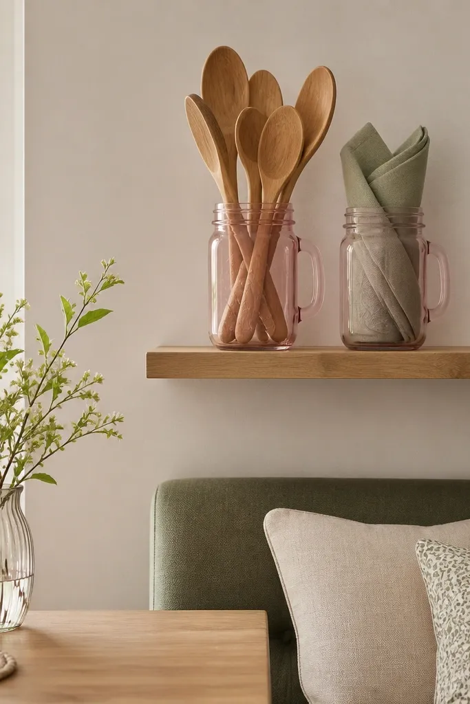 Two pink-tinted glass jars with handles on a floating shelf above a dining corner. One jar holds wooden spoons, the other holds napkins folded in thirds.