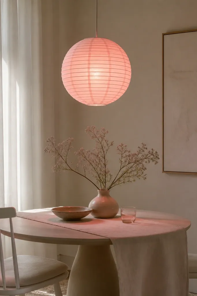 A small blush paper lantern hanging above a dining nook table. The light casts a soft pink glow onto nearby white chairs and a pale runner.