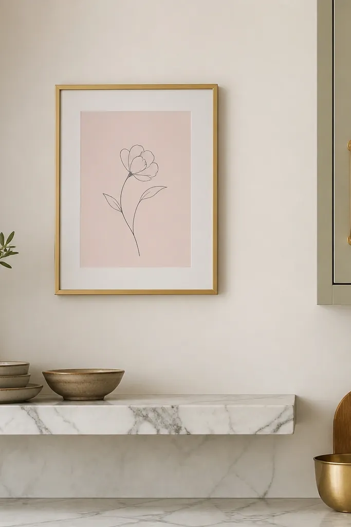 A small framed print with light pink background and minimal line art, hung above a kitchen shelf. A thin gold frame matches a gold cabinet handle.