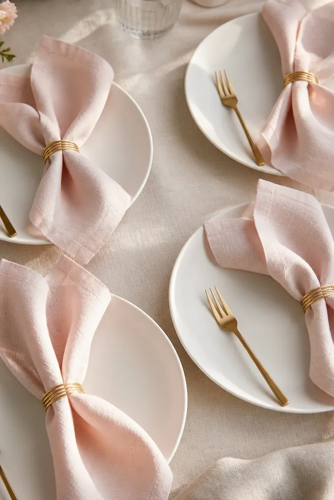 Four light pink linen napkins each tied with a thin gold wire ring. The napkins sit on white plates with a small gold fork.
